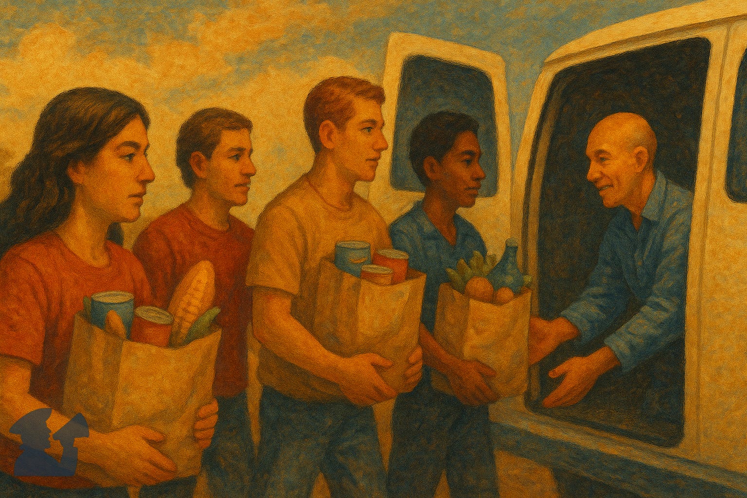 Illustration of protesters bringing grocery bags to a food drive