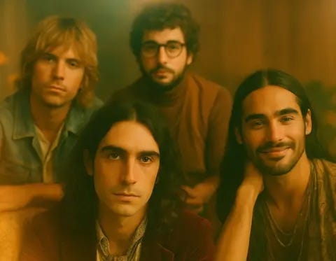 The Velvet Sundown A 'press shot' of the band shows the four of them all looking at the camera while posing together. The image has a warm brownish hue to it. The Velvet Sundown A 'press shot' of the band shows the four of them all looking at the camera while posing together. The image has a warm brownish hue to it.