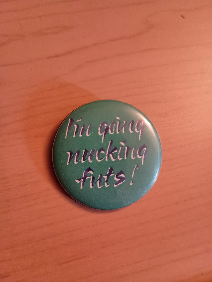 5 pins with various snarky sayings