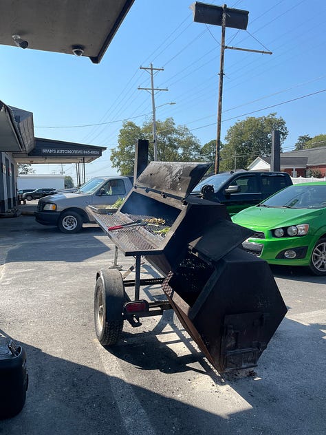 two bikes pulled over with a dusky sky backdrop and hazy moon; Jessica standing in front of her loaded motorcycle, a Guest check for $16, plates of Latin food like tamales, rice, empanadas, short ribs