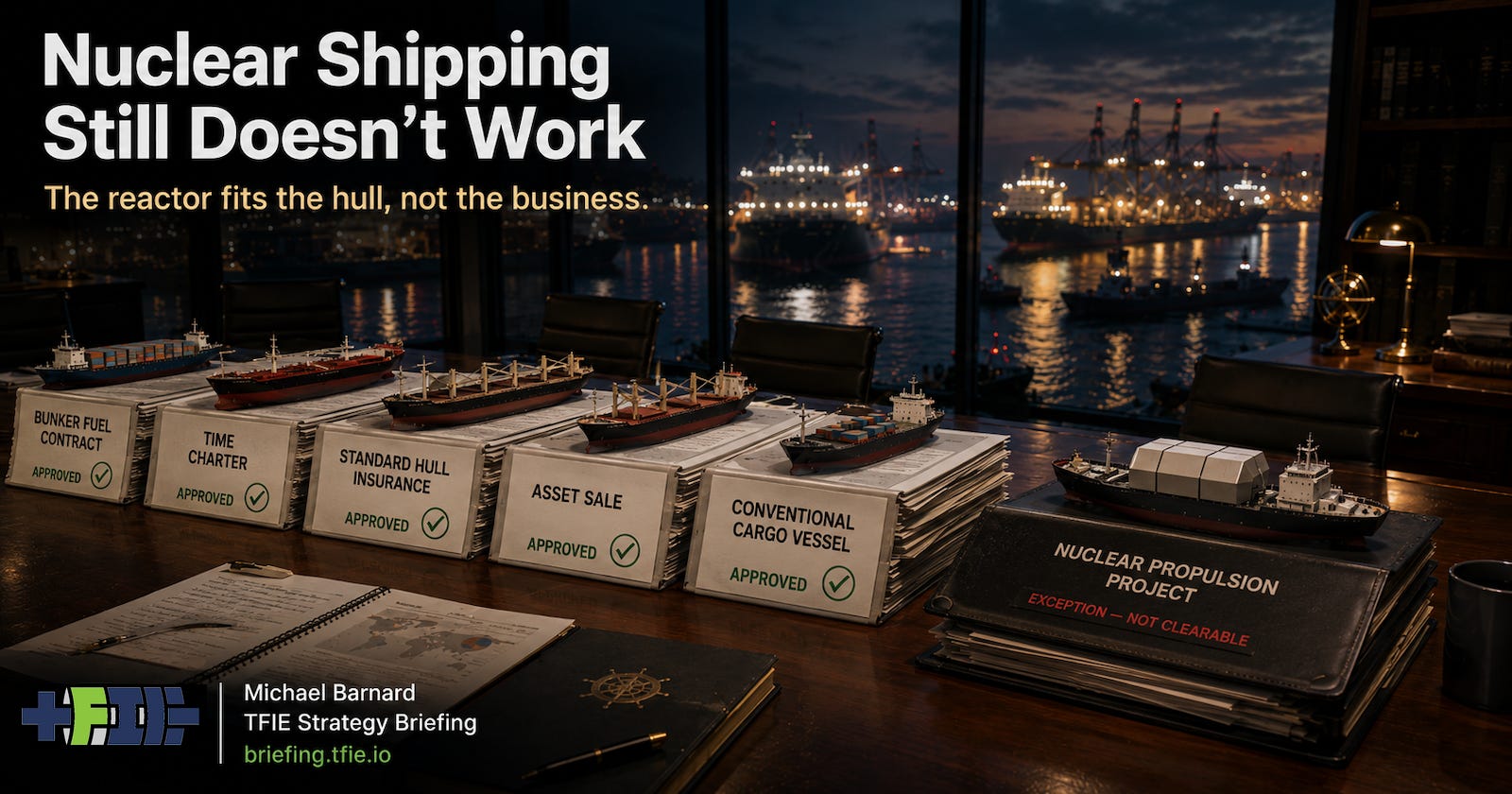Editorial image of a maritime finance office overlooking a harbor, with ordinary ship models and approved vessel files beside a separated nuclear-propulsion project dossier, illustrating that nuclear shipping does not fit normal commercial asset markets. Editorial image of a maritime finance office overlooking a harbor, with ordinary ship models and approved vessel files beside a separated nuclear-propulsion project dossier, illustrating that nuclear shipping does not fit normal commercial asset markets.