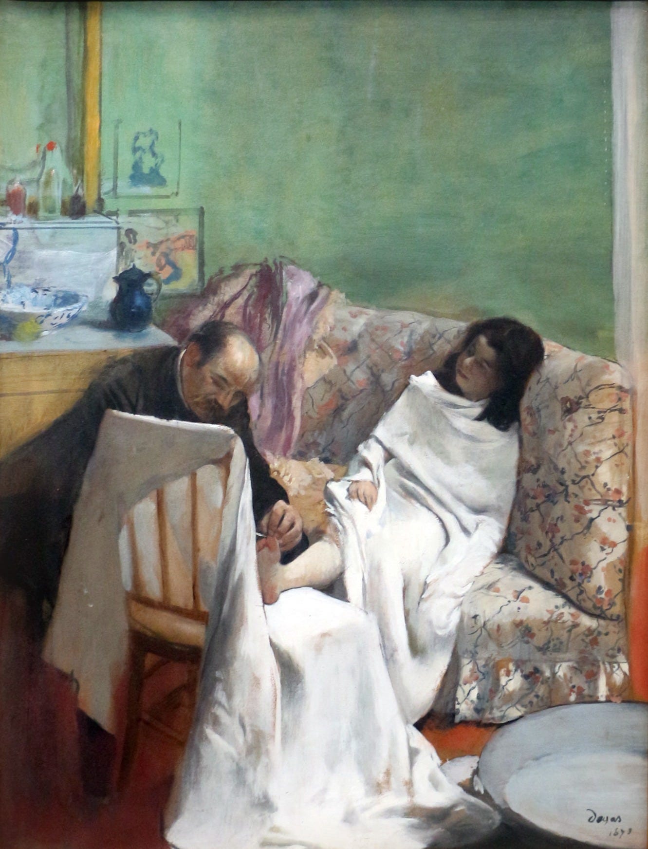 Le Pédicure by Edgar Degas: a girl wrapped in a white sheet lies on a sofa while a bald man tends her bare foot