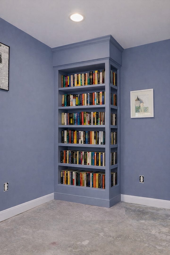Four ai-generated images of a built-in bookcase in the corner of my office.