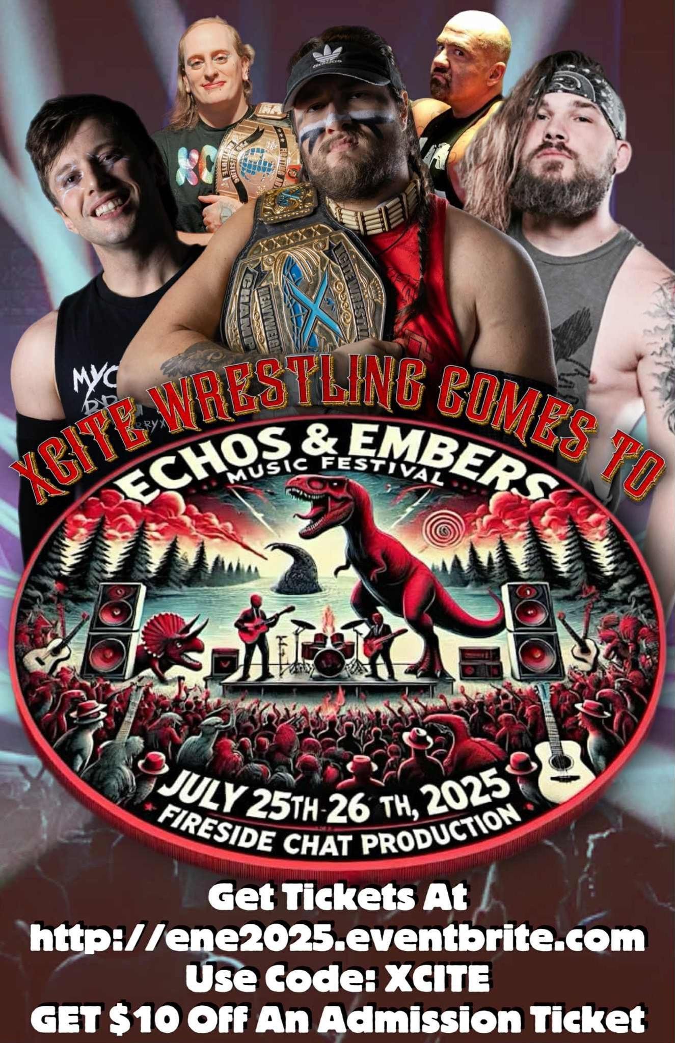 May be an image of 3 people and text that says 'MYC XEETE ECHOS ECHOS MUSIC FESTI WRESTLING LING COMES PO & FESTIVAL EMBERS EMBERS VAL 蜗新1B 台美館 JULY FIRESIDE 25TH 26 PRODUCTION TH, 2025°C 2025 CHAT Get Tickets At http://enge2.025.eventbrite.com http:/ //ene2025. eventbrite.com Use Code: XCITE GET $10 Off An Admission Ticket'