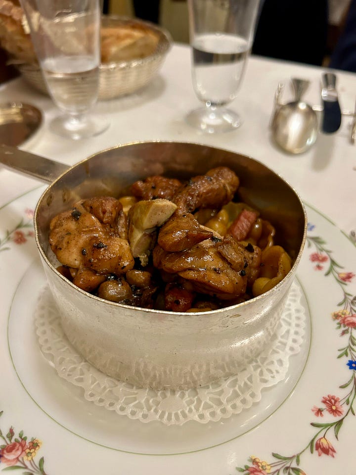 escargot at benoit and sauté fourmand de ris de veau, crêtes et rognons de coq, foie gras, jus truffé at benoit
