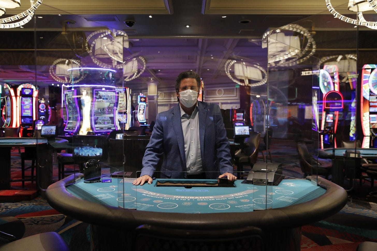 Covid precautions at the Bellagio casino in Las Vegas in May, 2020, via the Associated Press. Covid precautions at the Bellagio casino in Las Vegas in May, 2020, via the Associated Press.