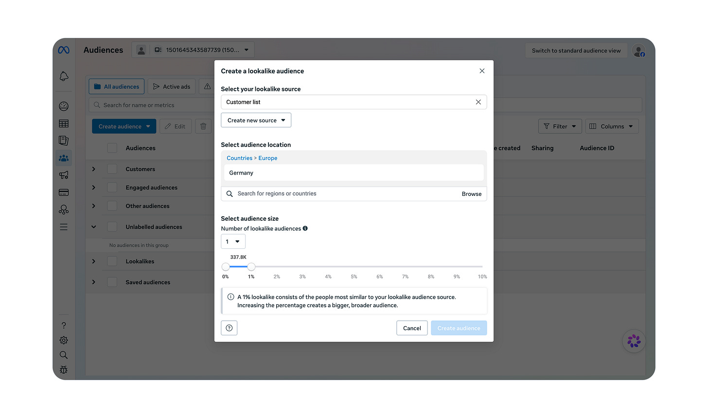 Building a 1% lookalike audience from a customer list, targeted to Germany, a 337.8K reach for finding new B2B SaaS prospects who match existing customers.