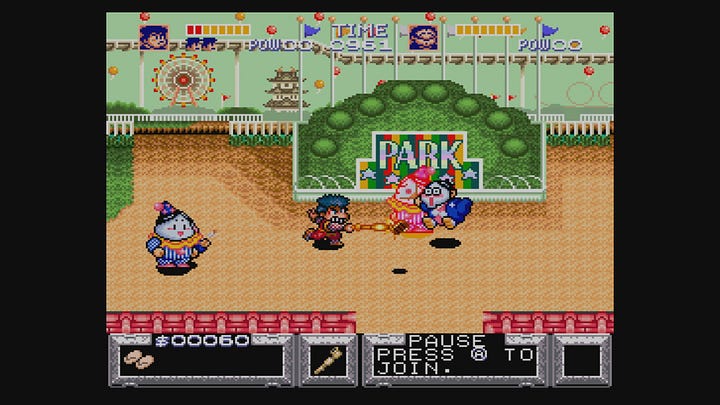 A series of screenshots of Goemon attacking various enemies in different environments. The first in a village, with his pipe, with a very expressive, eyes-bugging-out foe getting whacked. The second with Goemon running toward enemies in kabuki makeup, eyes closed. The third with Goemon, armed with the longer pipe, smacking an armored skeleton, whose eyes, otherwise not visible, are also bugging out. And last, Goemon attacking a clown in kabuki makeup at the amusement park. The screenshots are all a bit dim, as they were taken from the Wii U emulator, and not actual SNES hardware.