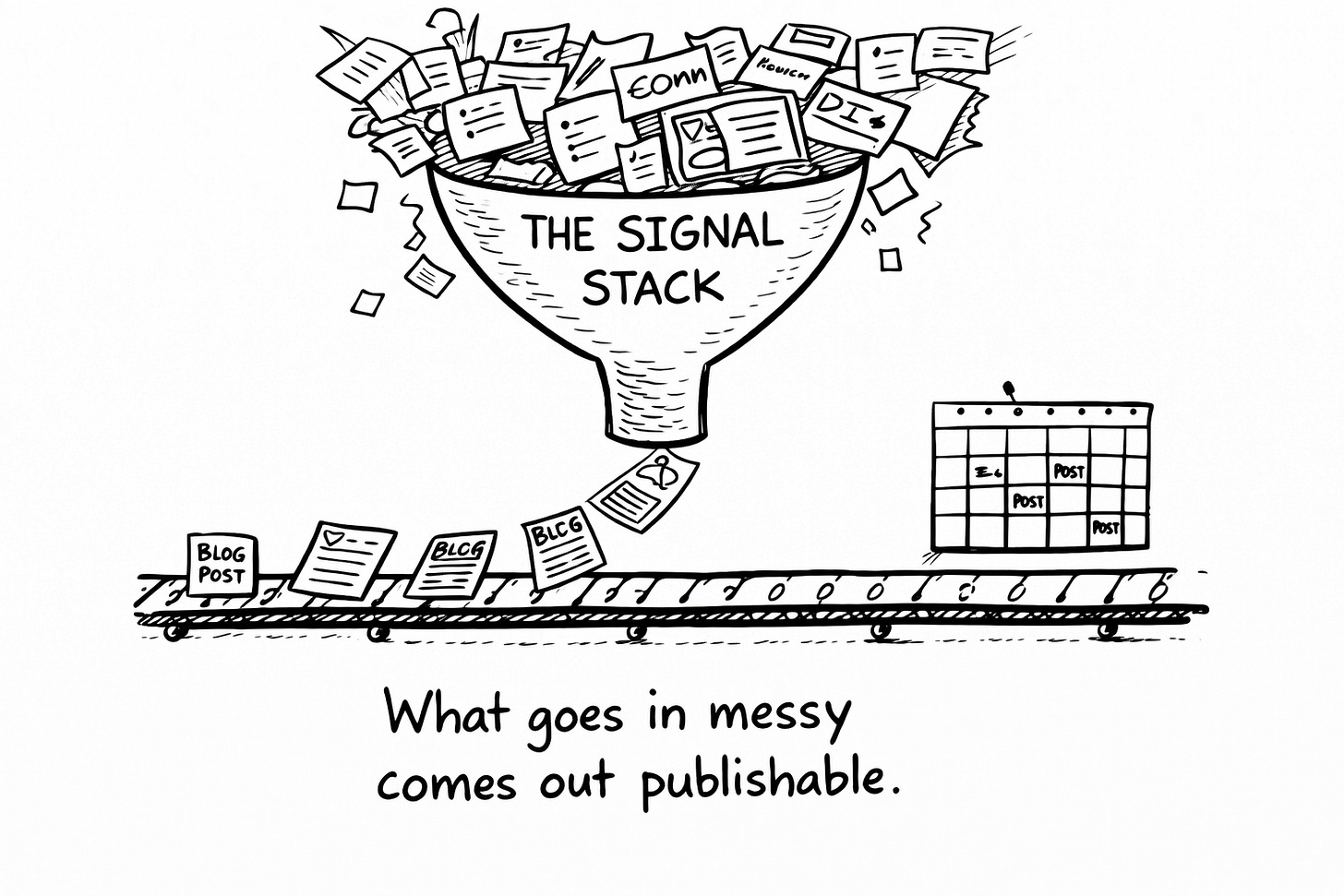 Hand-drawn illustration of a funnel labeled The Signal Stack with messy content ideas going in the top and organized blog posts coming out on a conveyor belt next to an editorial calendar