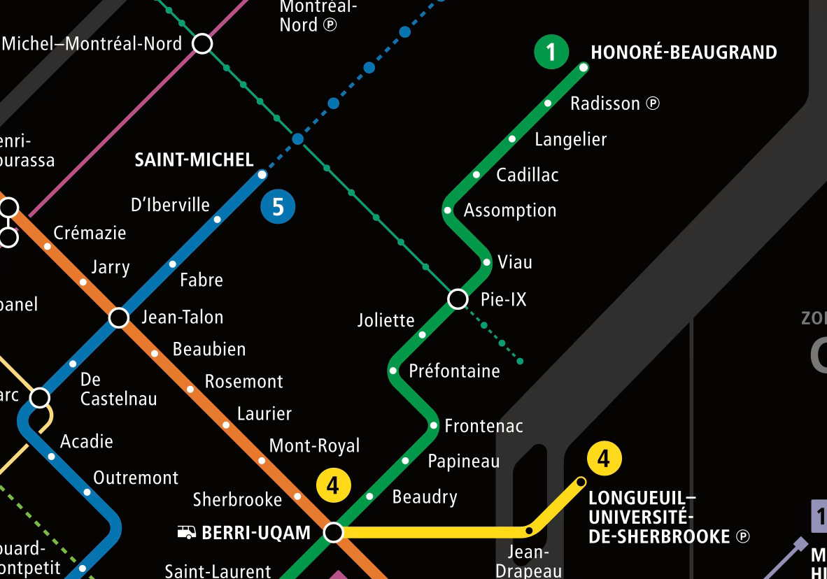 Selection from Montreal transit map indicating the area between Berri-UQAM, Longueuil, Jean-Talon, and Saint-Michel in the Northeast of the City, with the termini of Routes 1/Green, 4/Yellow, and 5/Blue.