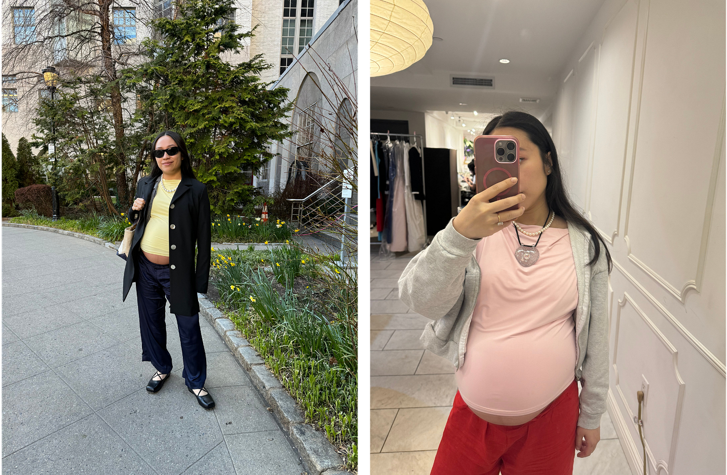 Two photos of Sandy, in a yellow and pink stretchy top