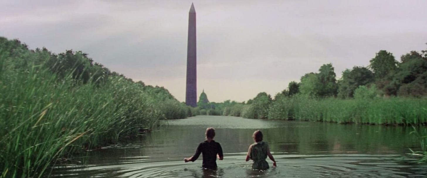 Scene from Logan's Run (1976), in which two escapees from a domed mall city wade the marshes of a rewilded Washington, D.C.