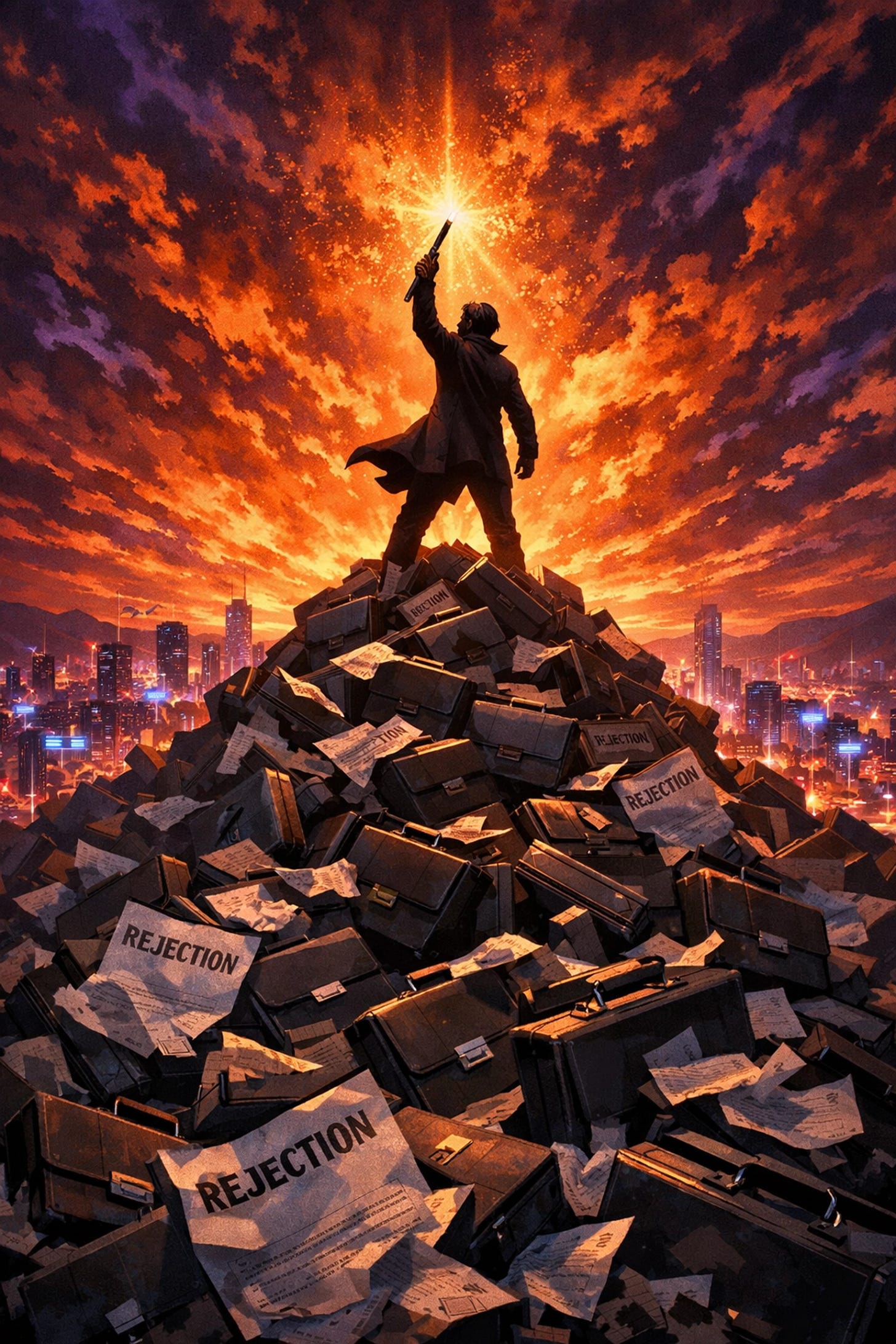Indie author holding a pen atop corporate briefcases, representing creative sovereignty and publishing triumph.