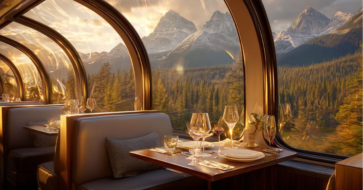Luxury train dome car with wine glass and panoramic Canadian Rockies view at sunset. Luxury train dome car with wine glass and panoramic Canadian Rockies view at sunset.