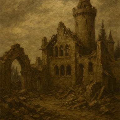 A dark fantasy image of the ruined fortress of Argynvostholt, completely empty of characters. The stone walls are cracked and weathered, with ivy creeping over shattered battlements and broken towers. The once-grand courtyard is littered with fallen masonry and overgrown with weeds. A collapsed roof exposes the skeletal remains of the great hall, and shattered stained-glass windows glint faintly in the gloom. Mist curls through the ruins, and the sky above is overcast with heavy gray clouds. The atmosphere is mournful, eerie, and steeped in forgotten glory.