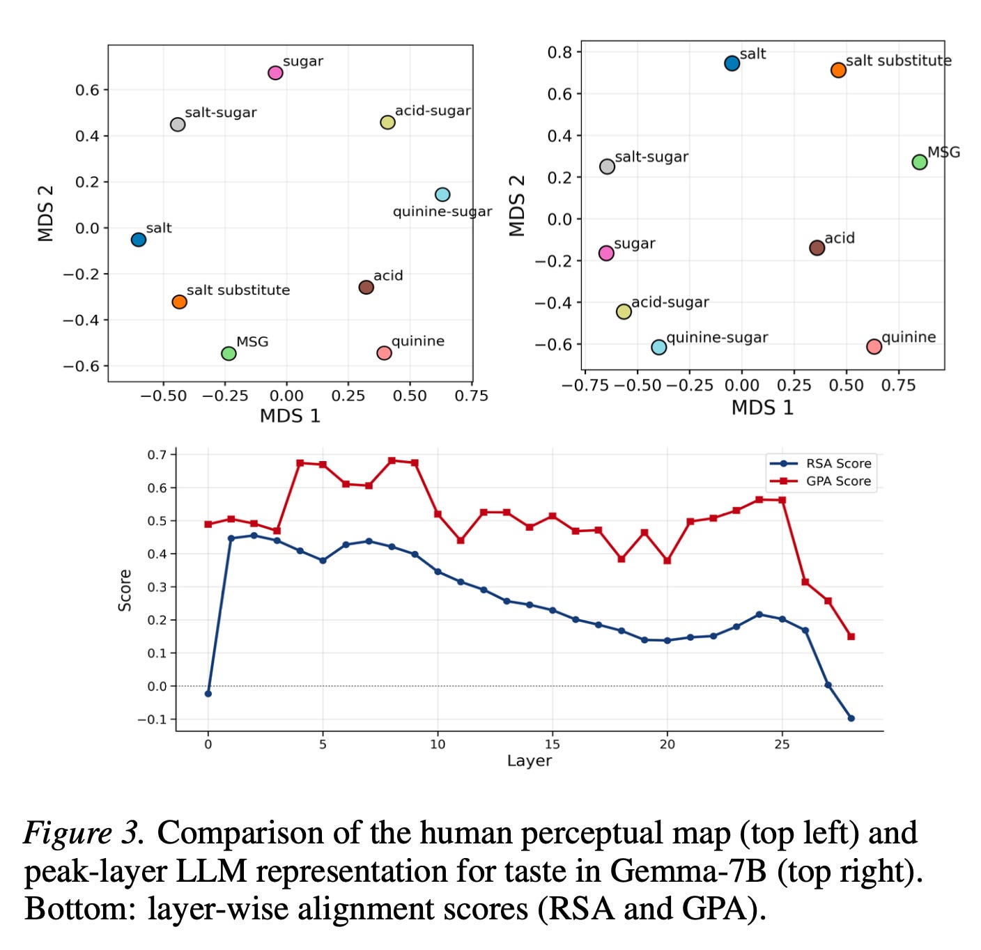 Comparison of human taste perception map and Gemma-7B peak-layer representation