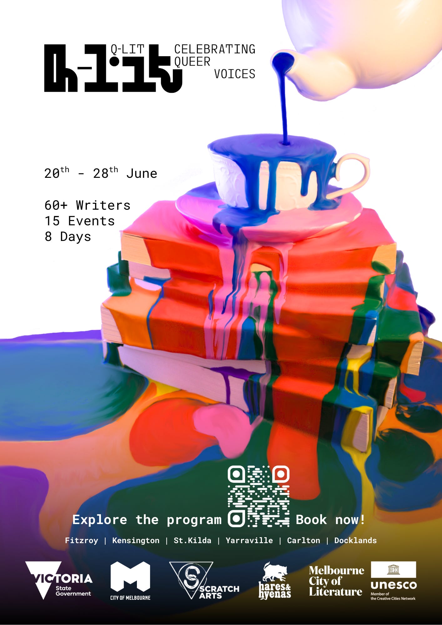 Q-Lit: Celebrating Queer Voices. 20Th - 28th of June. 60+ Writers, 15 Events, 8 Days. Explore The Program, Book Now. Fitzroy | Kensington | St.Kilda | Yarraville | Carlton | Docklands. Victoria State Government, City of Melbourne, Scratch Arts, Hares & Hyenas, Melbourne City of Literature UNESCO Member of the Creative Cities Network. The image shows a teapot pouring paint into a teacup on top a stack of books. It is overflowing to coat the stack and the ground in a variety of colours. 
