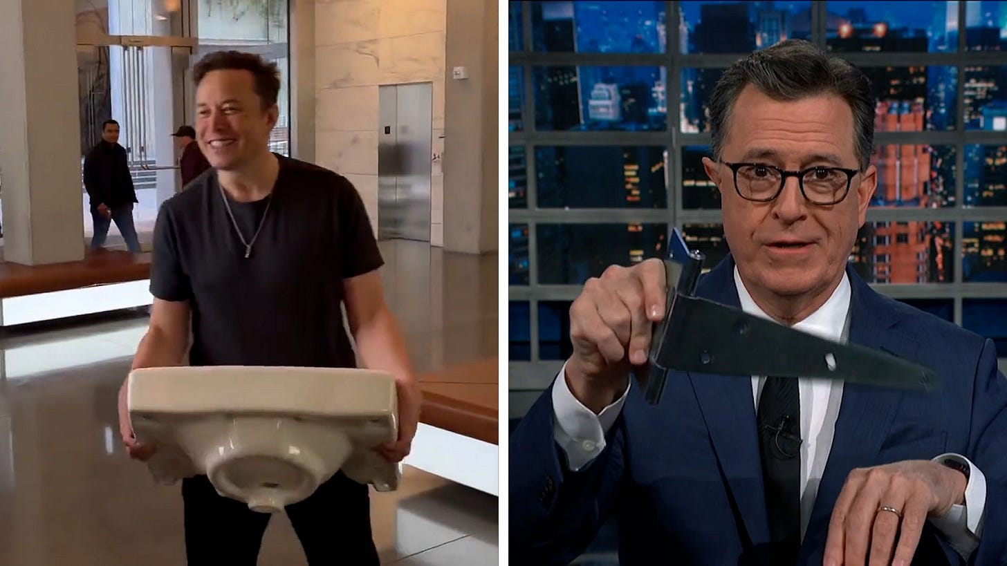 elon musk carries a sink into twitter "let that sink in." Steven Colbert responds holding a door hinge "unhinged."