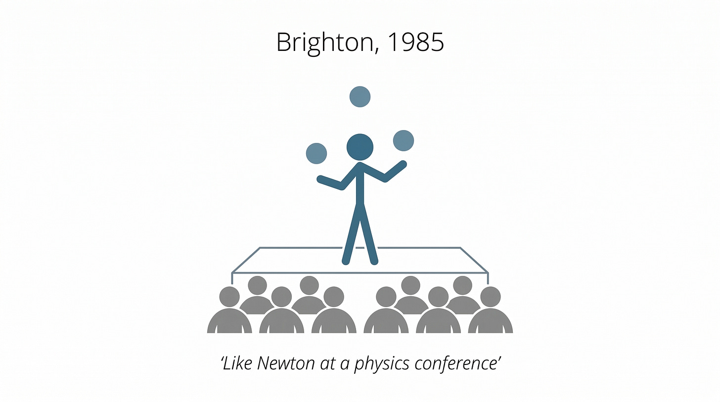 Brighton, 1985 — Shannon juggles for a stunned audience