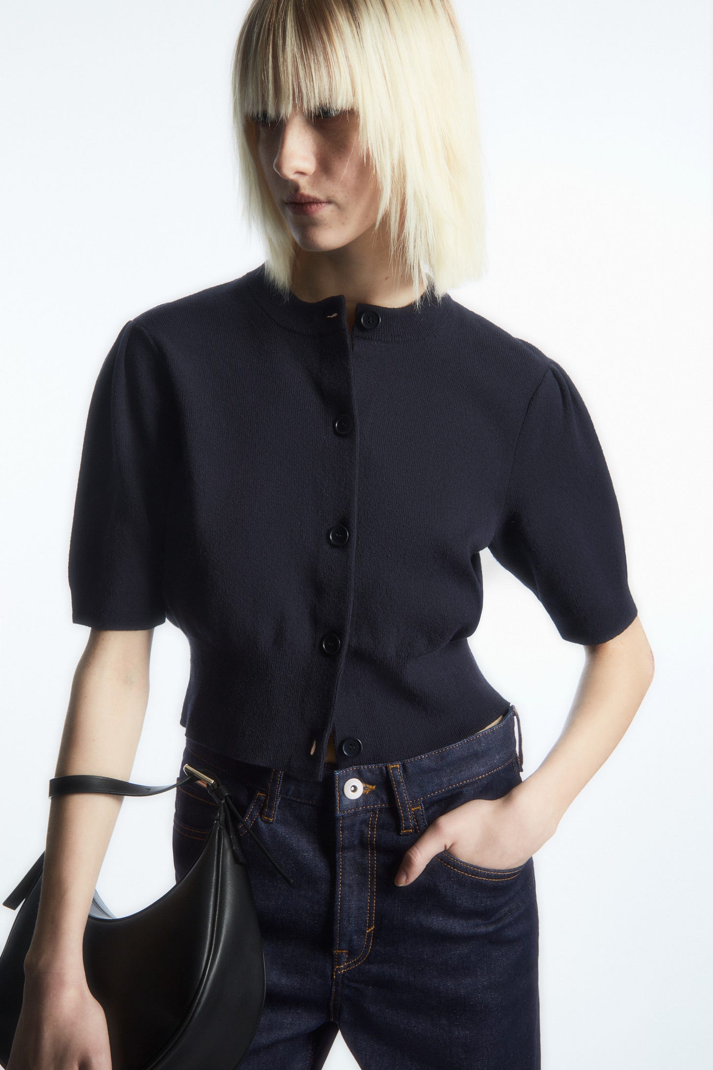 Front image of cos CROPPED SHORT-SLEEVED CARDIGAN in NAVY