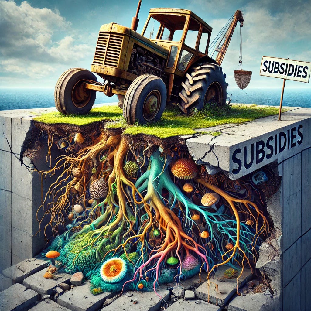 A symbolic image illustrating the concept: 'When subsidies are removed, the system trembles—not because nature fails, but because we've been distorting its logic for generations.' The image shows a crumbling industrial agricultural machine—half tractor, half bureaucratic structure—toppling over a cracked concrete platform labeled 'Subsidies'. Beneath it, vibrant roots, seeds, and fungal networks are breaking through the cracks, revealing a thriving underground ecosystem. The contrast is sharp: the collapsing industrial system above and the resilient, colorful natural world reclaiming space below. The style is metaphorical and semi-realistic, evoking themes of collapse and ecological renewal.