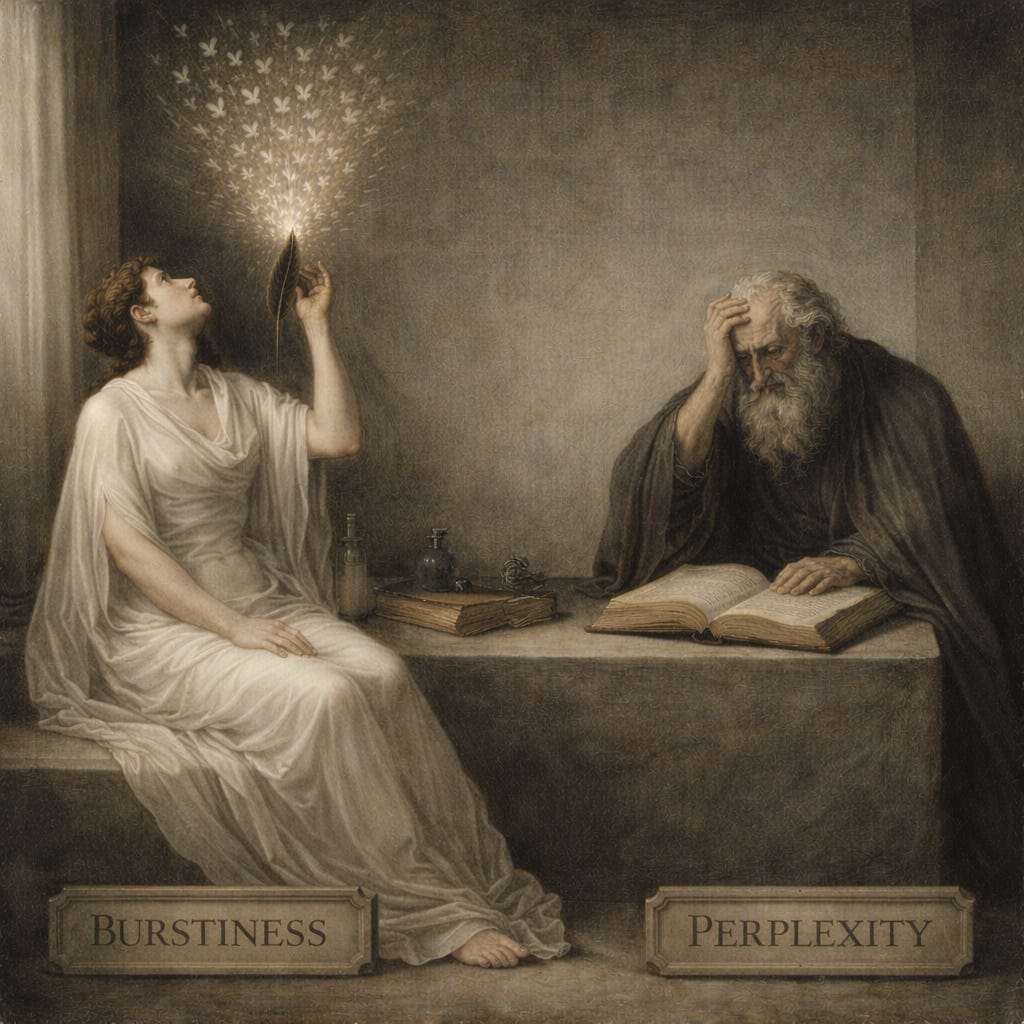 An AI generated image of a woman in a white robe looking up light bursting from a feather while an old man with a white beard and a brown robe looks at a book, his head in his hands. Below them are signs that say 'burstiness' and 'perplexity'.