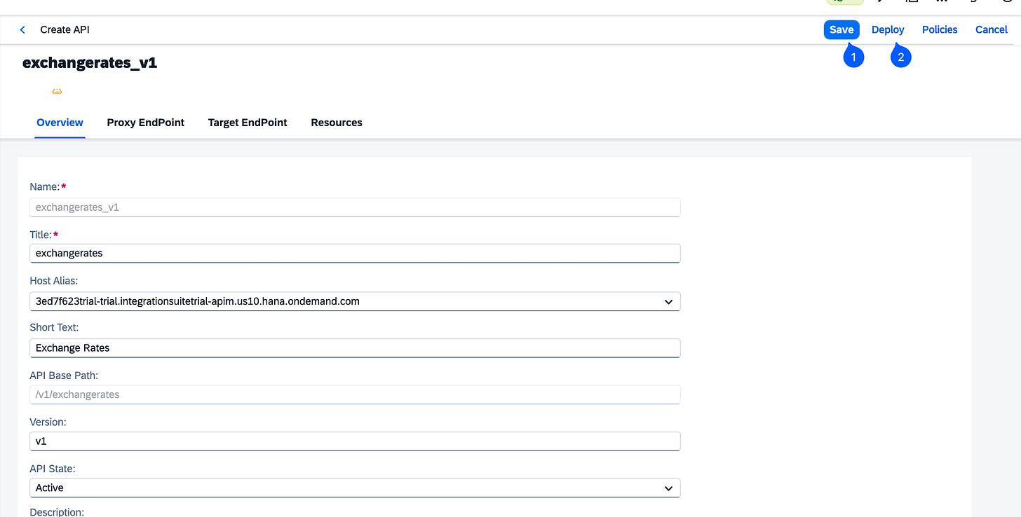 API proxy summary/review screen listing name, base path, and target URL, with Save and Deploy buttons. API proxy summary/review screen listing name, base path, and target URL, with Save and Deploy buttons.