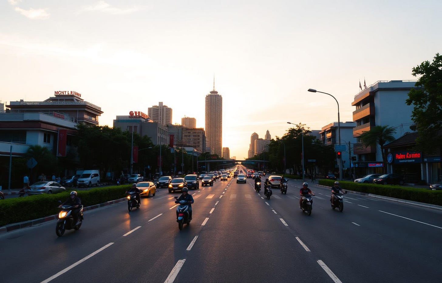 Ho Chi Minh City street with motorbike traffic and District 1 skyline at golden hour