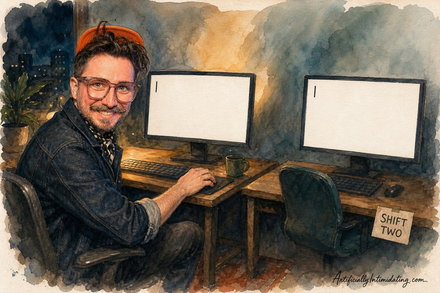 A watercolor night office. A man in denim sits at a desk facing a large monitor that is blank white except for a single black text cursor. An identical second desk beside him holds an identical blank monitor, its chair empty, with a paper sign taped to it reading 'SHIFT TWO'.