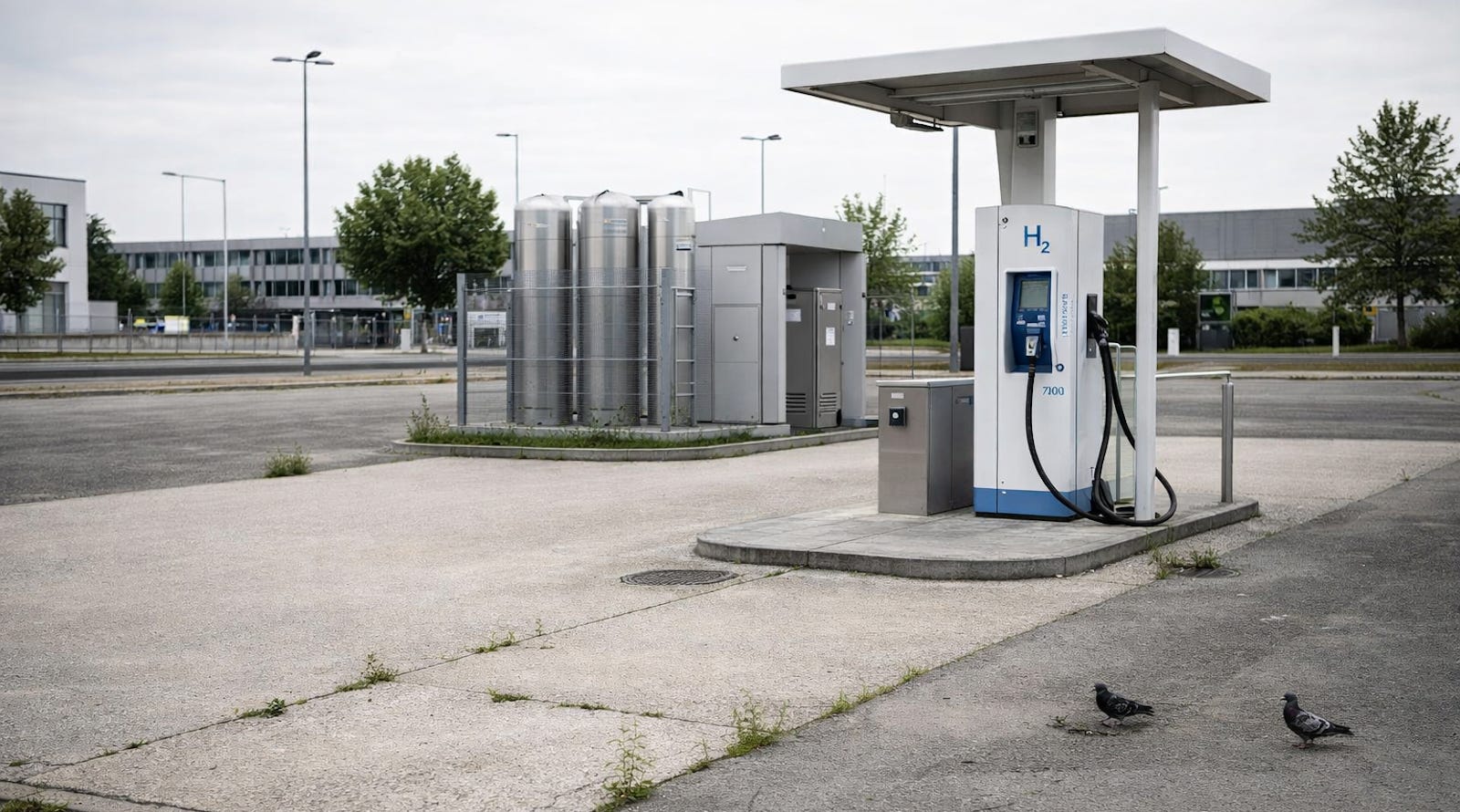 Illustration of a hydrogen refueling station built ahead of demand, representing Germany’s low-utilization hydrogen mobility infrastructure.