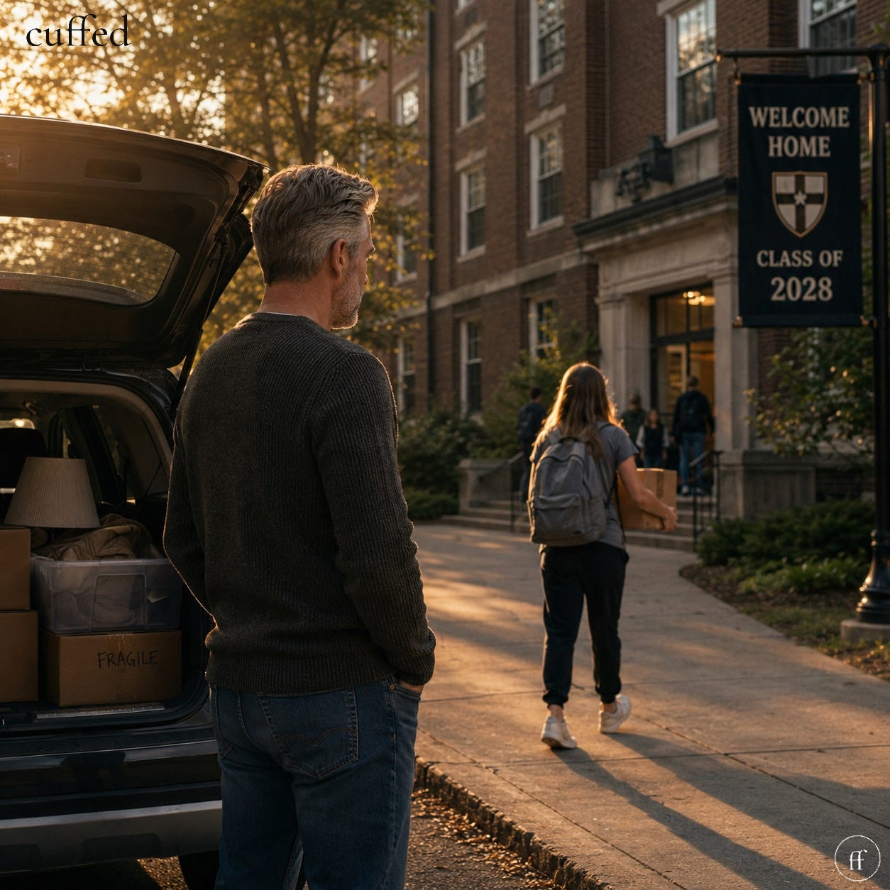 father watching his daughter walk toward her college dorm at golden hour, car trunk packed with moving boxes, "welcome home class of 2028" banner in background, warm cinematic lighting, quiet emotional distance between them, "cuffed" wordmark top-left, fused "ff" logo bottom-right in cream. seo: dad watching daughter leave for college, parental grief and pride, letting go quote father watching his daughter walk toward her college dorm at golden hour, car trunk packed with moving boxes, "welcome home class of 2028" banner in background, warm cinematic lighting, quiet emotional distance between them, "cuffed" wordmark top-left, fused "ff" logo bottom-right in cream. seo: dad watching daughter leave for college, parental grief and pride, letting go quote