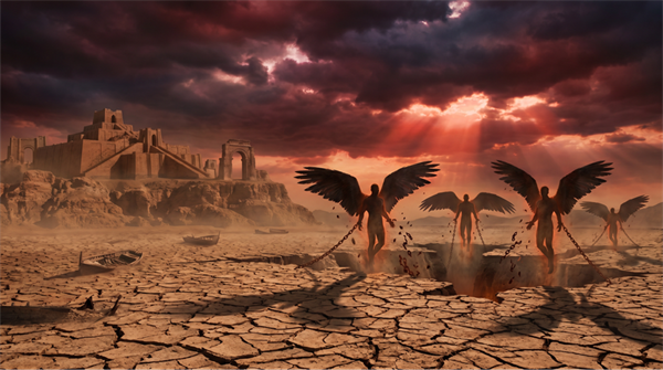 Title: Dramatic apocalyptic scene of the dried Euphrates River with four angels emerging - Description: Dramatic apocalyptic scene of the dried Euphrates River with four angels emerging