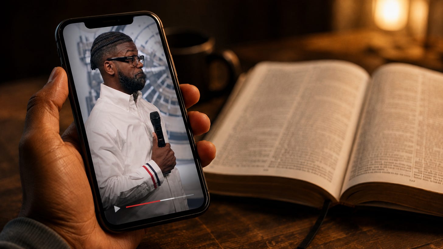 person watching a sermon clip during bible study. Person reading the bible and watching an online sermon person watching a sermon clip during bible study. Person reading the bible and watching an online sermon