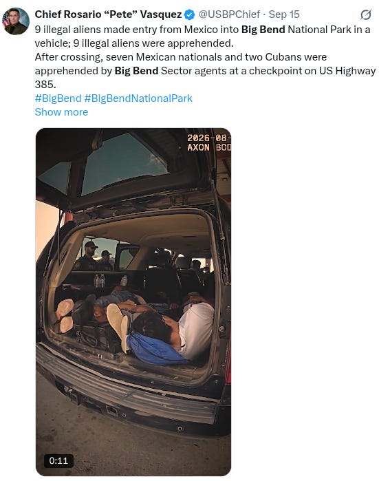 Although illegal crossings do occur in the Big Bend Border Patrol Sector (as this post on x.com shows) they happen in far fewer numbers than in other sectors along the US Border with Mexico (US Border Patrol bodycam image via x.com)..