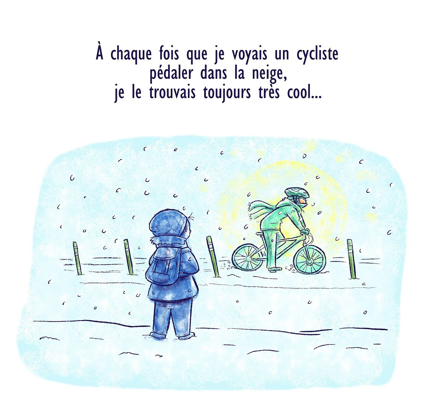 Image bd : un enfant regarde un cycliste dans la neige
