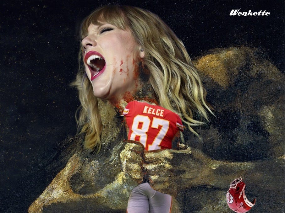 Taylor Swift's face superimposed onto Goya's 'Saturn devours his son', the lifeless body in the monter's hands is a headless figure with the name and uniform number of Travis Kelce. An empty football helmet lies askew at the bottom Taylor Swift's face superimposed onto Goya's 'Saturn devours his son', the lifeless body in the monter's hands is a headless figure with the name and uniform number of Travis Kelce. An empty football helmet lies askew at the bottom
