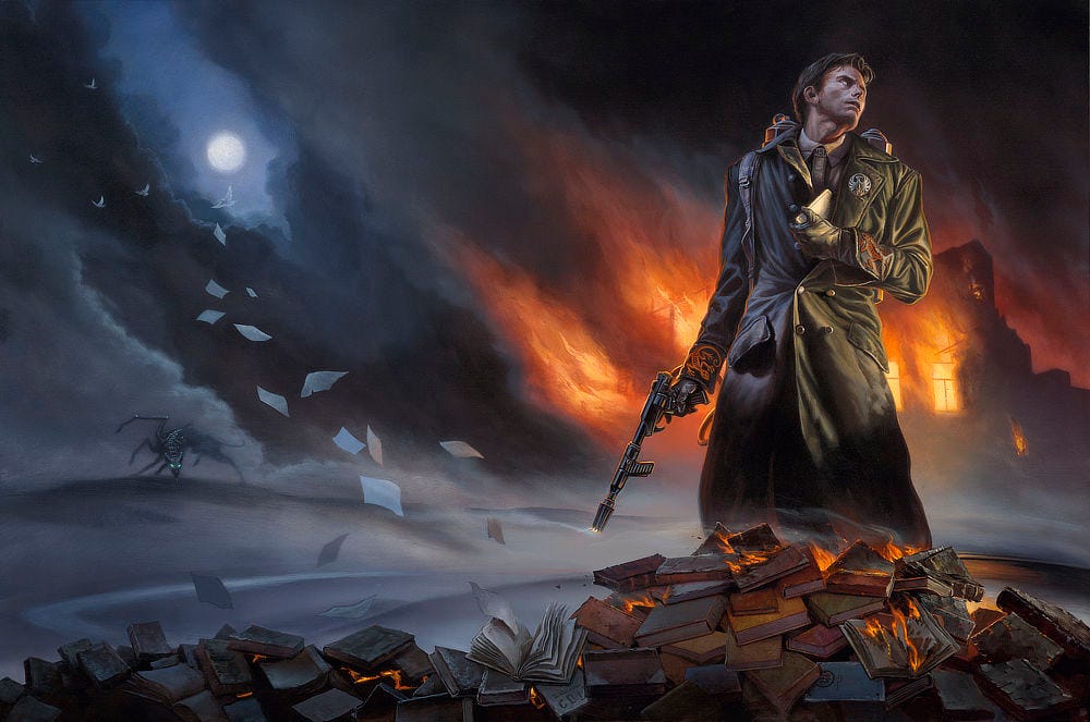 Dressed in a black leather Gestapo coat, Guy Montag stands in front of the flaming ruins of a house. His head is craned and his expression pained as he seems to be looking away from what he's done. Dual tanks of his flamethrower can be seen over his shoulder. He holds the end like a pistol pointed down. The flamethrow has a front handgrip along the long nozzle like a Tommygun. On the lapel, a Phoenix crest is set inside a circle. A red salamander is painted on each cuff of his jacket. Absently, he tucks a book into his jacket. A pile of books in front of him still smolders as papers tumble in the night breeze up, arcing up towards a full moon glowing in the gray, cloud covered sky. A multi-legged mechanical hound lurks in the background, eyes glowing menacingly. Dressed in a black leather Gestapo coat, Guy Montag stands in front of the flaming ruins of a house. His head is craned and his expression pained as he seems to be looking away from what he's done. Dual tanks of his flamethrower can be seen over his shoulder. He holds the end like a pistol pointed down. The flamethrow has a front handgrip along the long nozzle like a Tommygun. On the lapel, a Phoenix crest is set inside a circle. A red salamander is painted on each cuff of his jacket. Absently, he tucks a book into his jacket. A pile of books in front of him still smolders as papers tumble in the night breeze up, arcing up towards a full moon glowing in the gray, cloud covered sky. A multi-legged mechanical hound lurks in the background, eyes glowing menacingly.