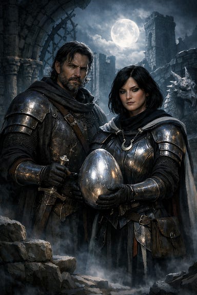 Fleetwood and Clarion standing together in the ruins of Argynvostholt, holding or guarding a silver dragon egg. Gothic stone ruins, broken statues, moonlit mist, silver light reflecting off the egg. Fleetwood tall and brooding in worn armor, Clarion in silver‑and‑obsidian cleric armor with black hair, both solemn and protective. Fleetwood and Clarion standing together in the ruins of Argynvostholt, holding or guarding a silver dragon egg. Gothic stone ruins, broken statues, moonlit mist, silver light reflecting off the egg. Fleetwood tall and brooding in worn armor, Clarion in silver‑and‑obsidian cleric armor with black hair, both solemn and protective.