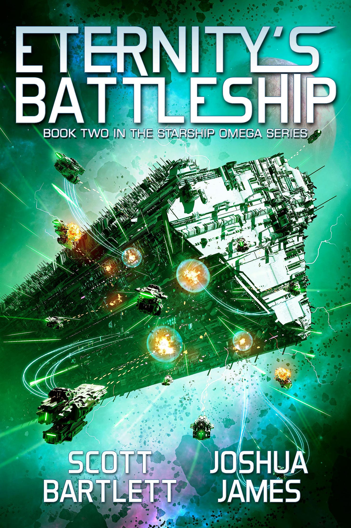 Ebook cover for Eternity's Battleship featuring the Starship Omega engaged in a pitched battle