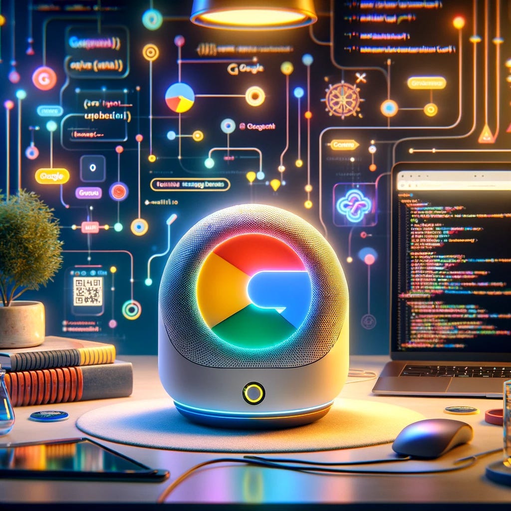 Imagine Gemma, an open-source AI model crafted by Google, distinguished by its compact size and specialization in language tasks. This model features Google's iconic color scheme, with elements of red, blue, yellow, and green illuminating its design. Gemma is depicted as a state-of-the-art, miniature device that not only embodies the essence of advanced technology but also the spirit of open-source collaboration. The device is showcased on a contemporary desk setup, surrounded by symbols of open-source culture, such as coding books, a laptop displaying source code, and a vibrant community of developers engaging in language learning projects. The scene is infused with soft, ambient lighting that accentuates Gemma's colorful design, emphasizing its unique position as a tool for global language education and innovation.