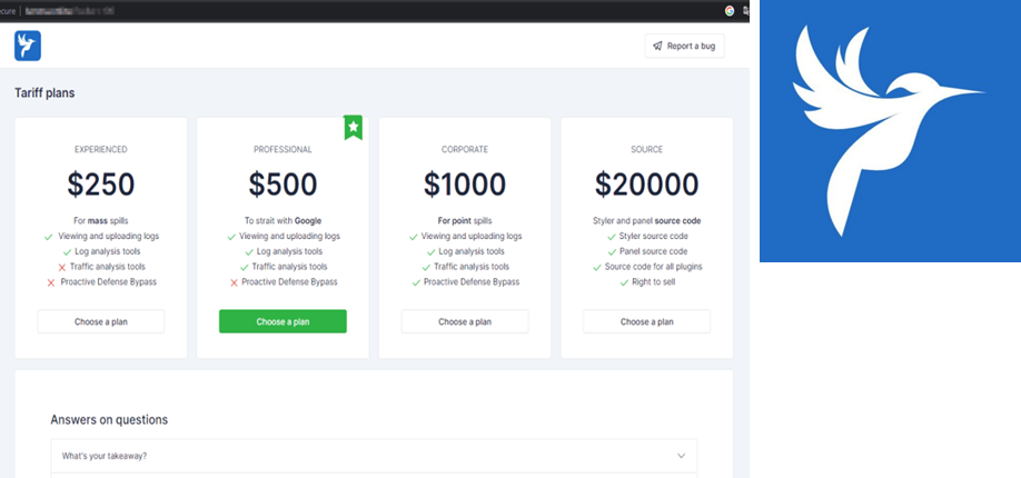 Página web con cuatro planes de precios: Experto ($250), Profesional ($500, resaltado), Corporativo ($1000) y Fuente ($20,000). Cada plan incluye funciones como visualización y carga de registros, herramientas de análisis de registros y tráfico, y bypass defensivo proactivo. El plan Fuente ofrece acceso completo al código fuente. Cada plan tiene un botón "Elegir un plan". Debajo, hay una sección titulada "Respuestas a preguntas" con un campo de texto con la etiqueta "¿Cuál es tu conclusión?".