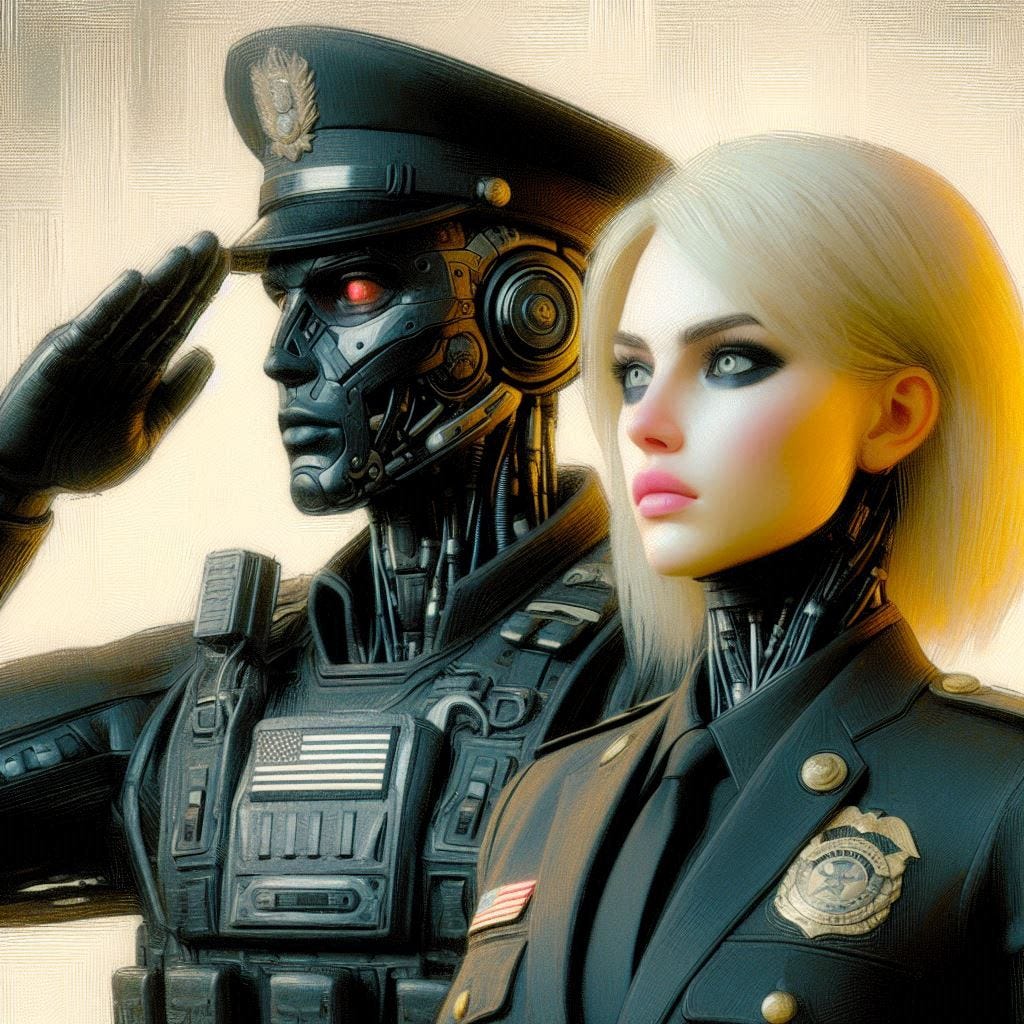 A pair of cyborgs, one male, one blonde female, both wearing black militaristic uniforms and saluting sharply. Slight impressionist style.