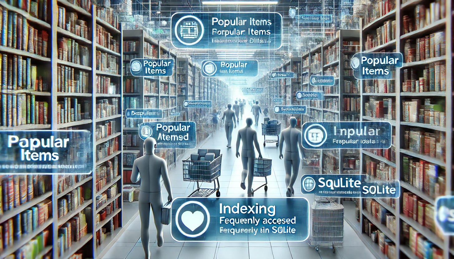 High-tech library with indexed sections, symbolizing SQLite indexing.