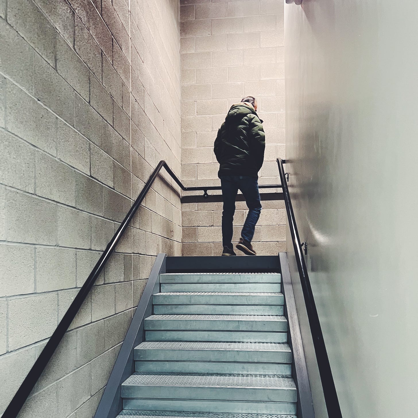 My father-in-law walking up the stairs