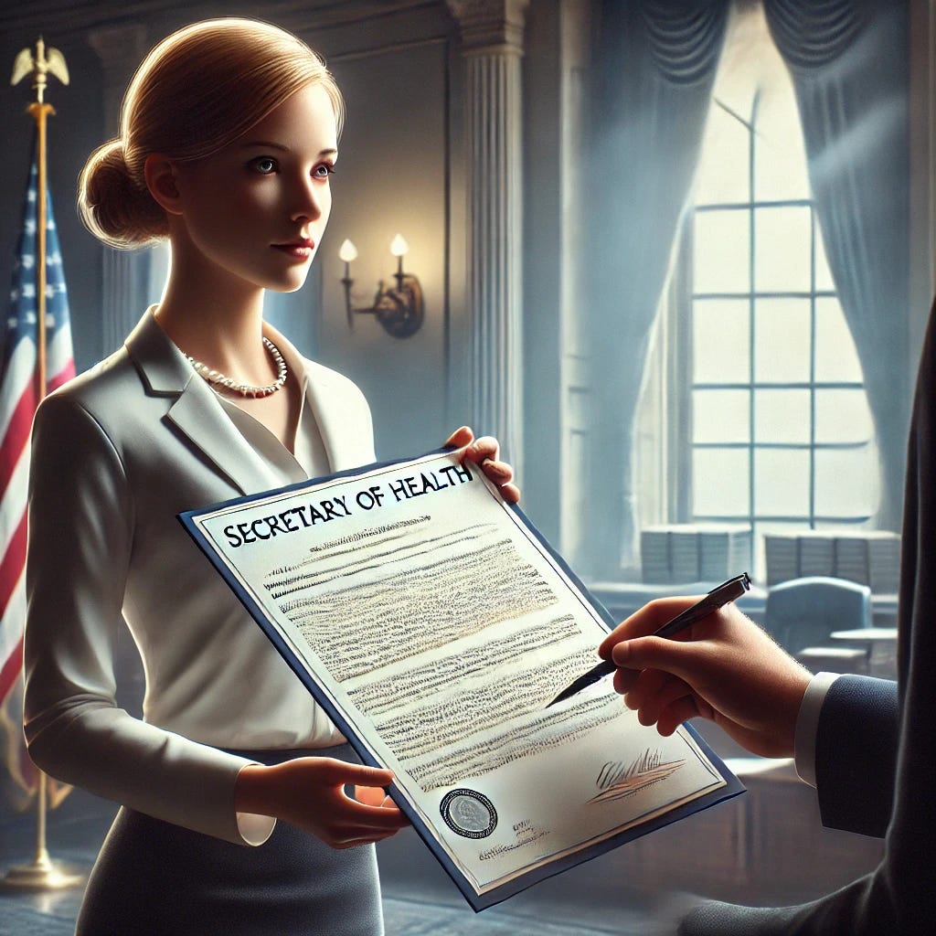A realistic digital painting of a woman handing a petition to a man in a formal setting. The petition has the text 'Secretary of Health' clearly visible. The woman is dressed in professional attire, and the man is wearing a suit. The background features a government office with official documents and the American flag. The lighting is soft and professional, creating a serious and respectful atmosphere.
