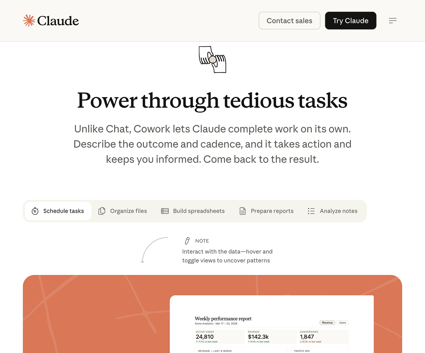 Cowork report generation UI — a prompt reading “Pull my metrics from the analytics dashboard and drop them in the weekly report template every Friday” alongside CSV and JSON attachments, producing a polished weekly performance report with charts | Build to Launch