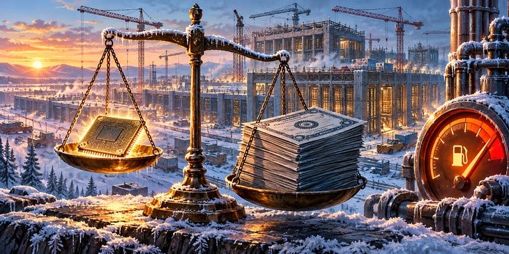 Illustration: an AI processor and bond certificates hang from a frosted balance at a data-center construction site beside a glowing fuel gauge.