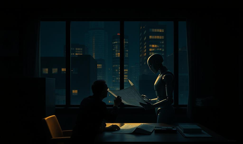 A moody late-night office scene seen through a large window, featuring a solitary person and a robot intensely reviewing a blueprint under warm, artificial light. The setting is a 1940s American urban environment with stark contrasts of light and deep shadows, capturing the chiaroscuro lighting typical of film noir. The office contains minimalist, period-appropriate furnishings with hints of art deco design. The atmosphere is quiet, tense, and cinematic, emphasizing solitude and introspection. The style blends American Realism with noir’s dramatic, high-contrast shadow play and an underlying sense of mystery and moral ambiguity.