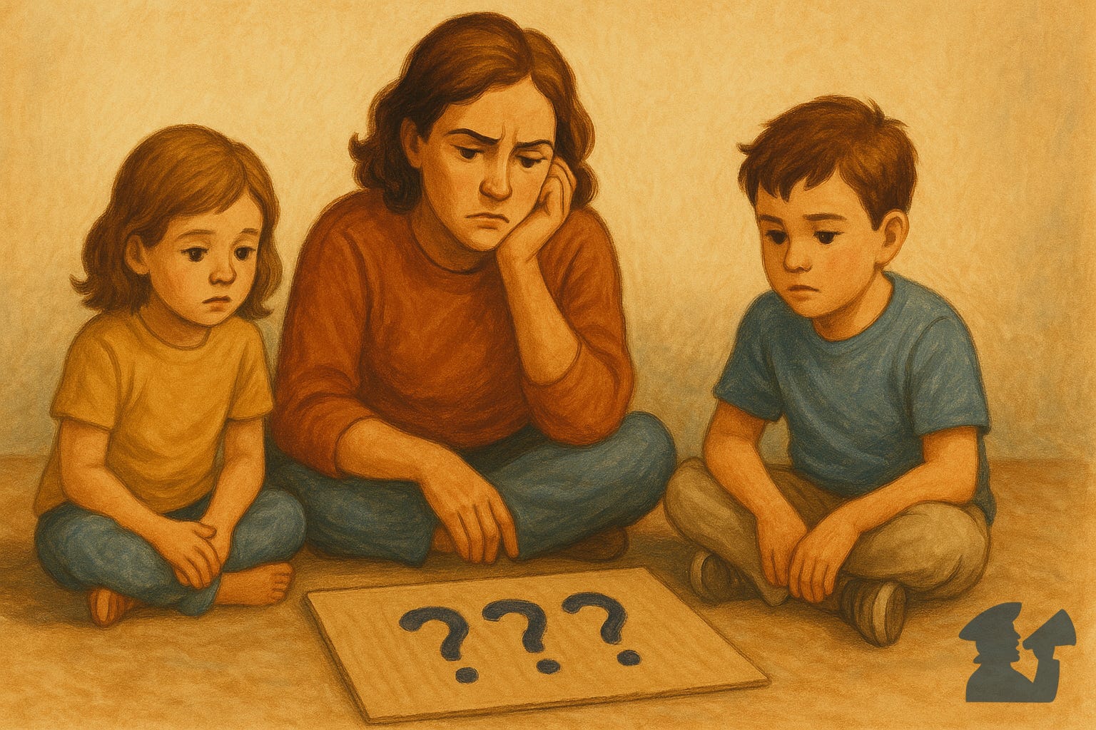Illustration of a mom and her two young children puzzling over what to write on her protest sign Illustration of a mom and her two young children puzzling over what to write on her protest sign