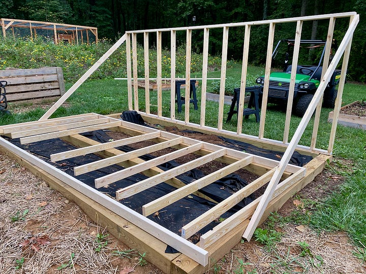 Mosaic of the beginning of building a greenhouse's walls.